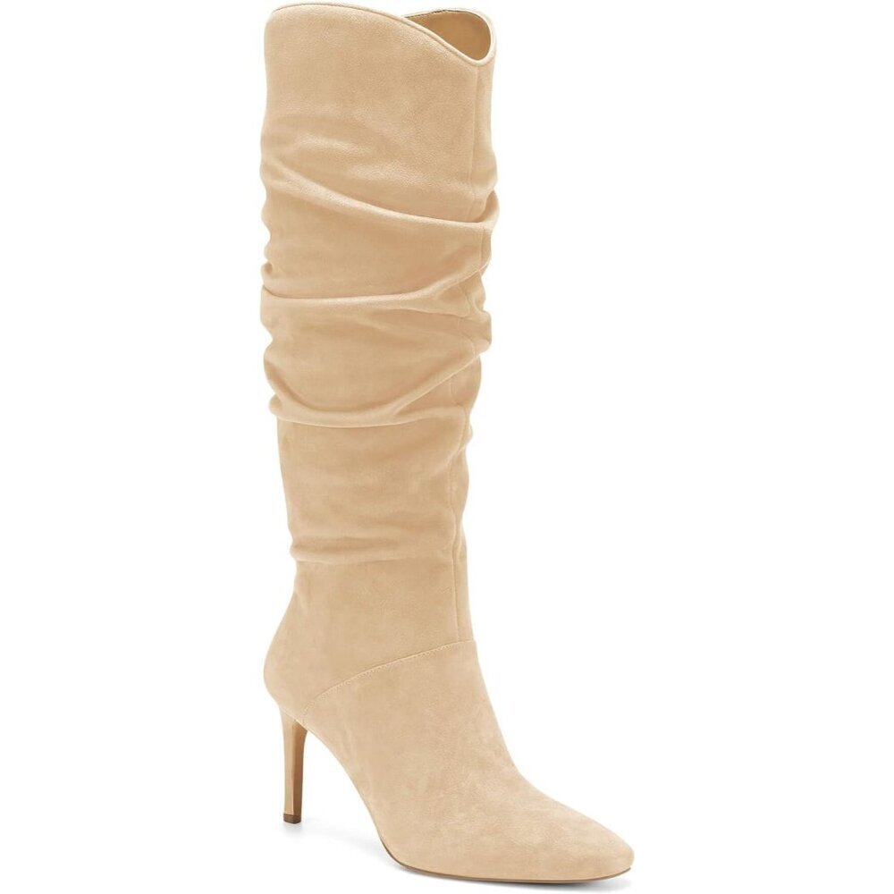Womens Light Khaki Knee High Almond Toe Side Zipper Stiletto Heel Booties - Picture 1 of 6